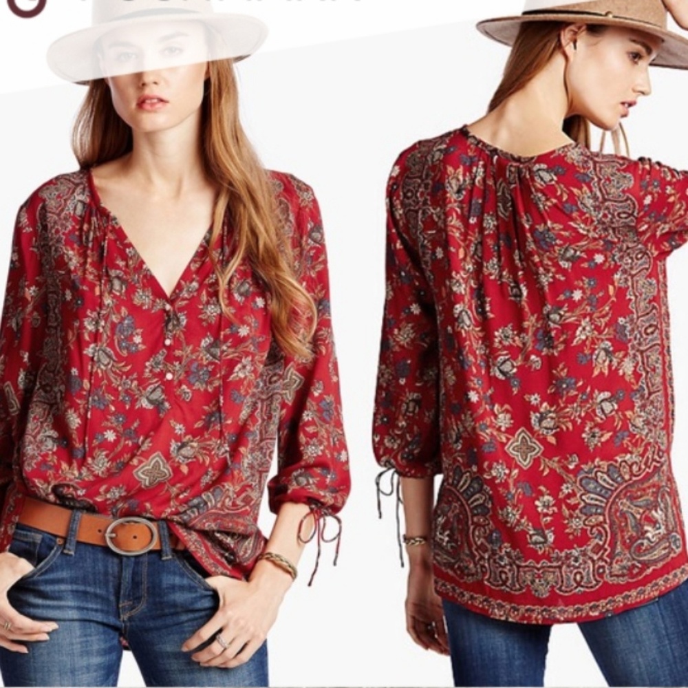 Lucky Brand Red Paisley Button/Tie Front Blouse